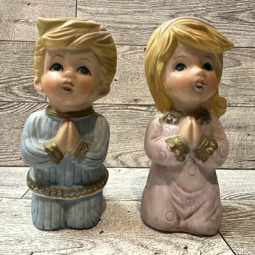 HOMCO‎ Twin Children Boy & Girl Praying 4.25" Porcelain Figurines #5211 Vintage